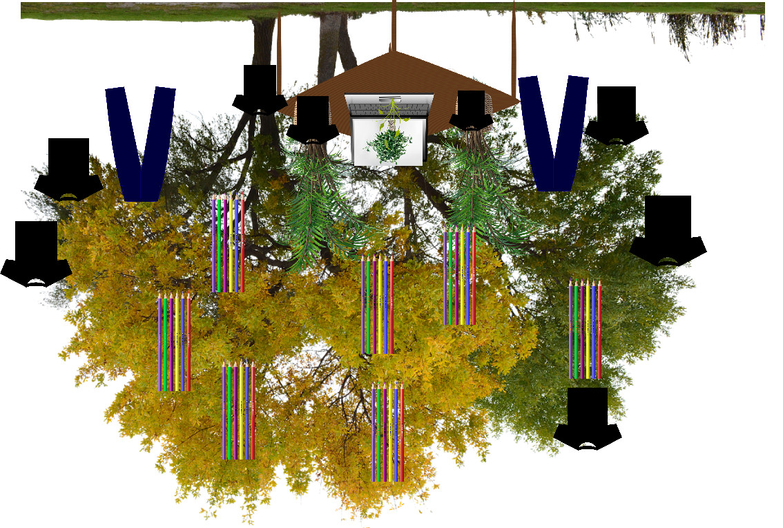 Collage of trees upside down with colored pencils and clothes