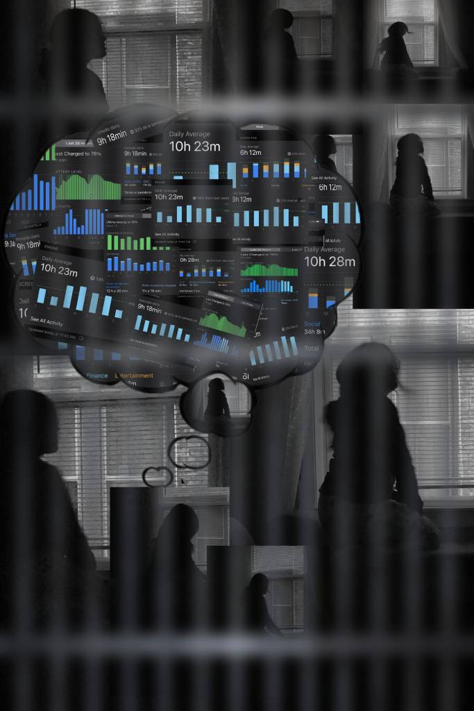 Manipulated photograph of a prison-like scene with a thought bubble above a person