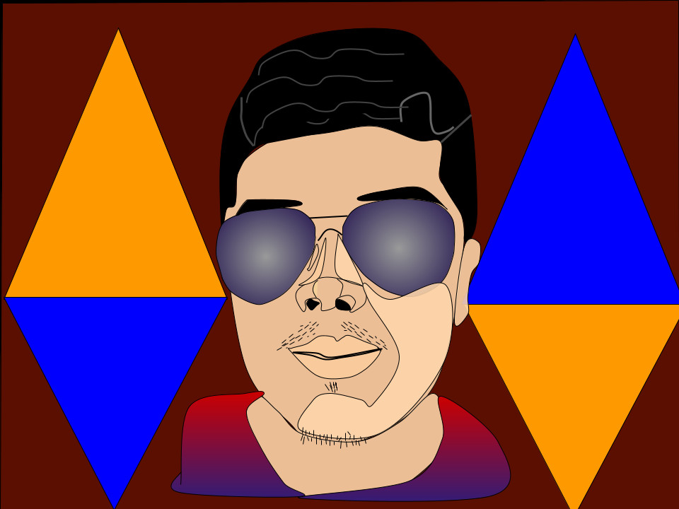 A digital portrait of a guy with glasses and orange and blue triangles on either side