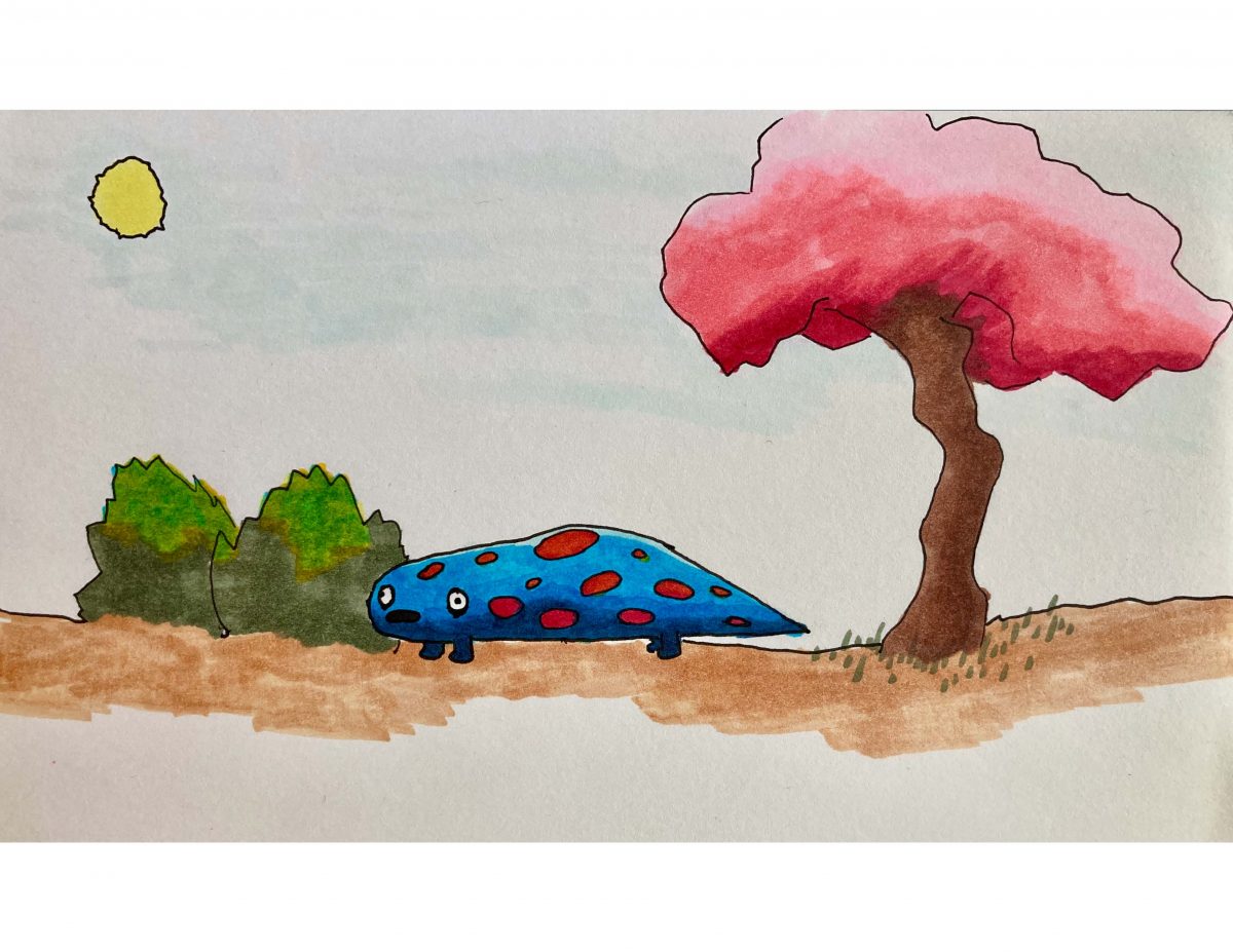 A drawing of a blue creature on the ground with a pink tree, green bush, and sun.