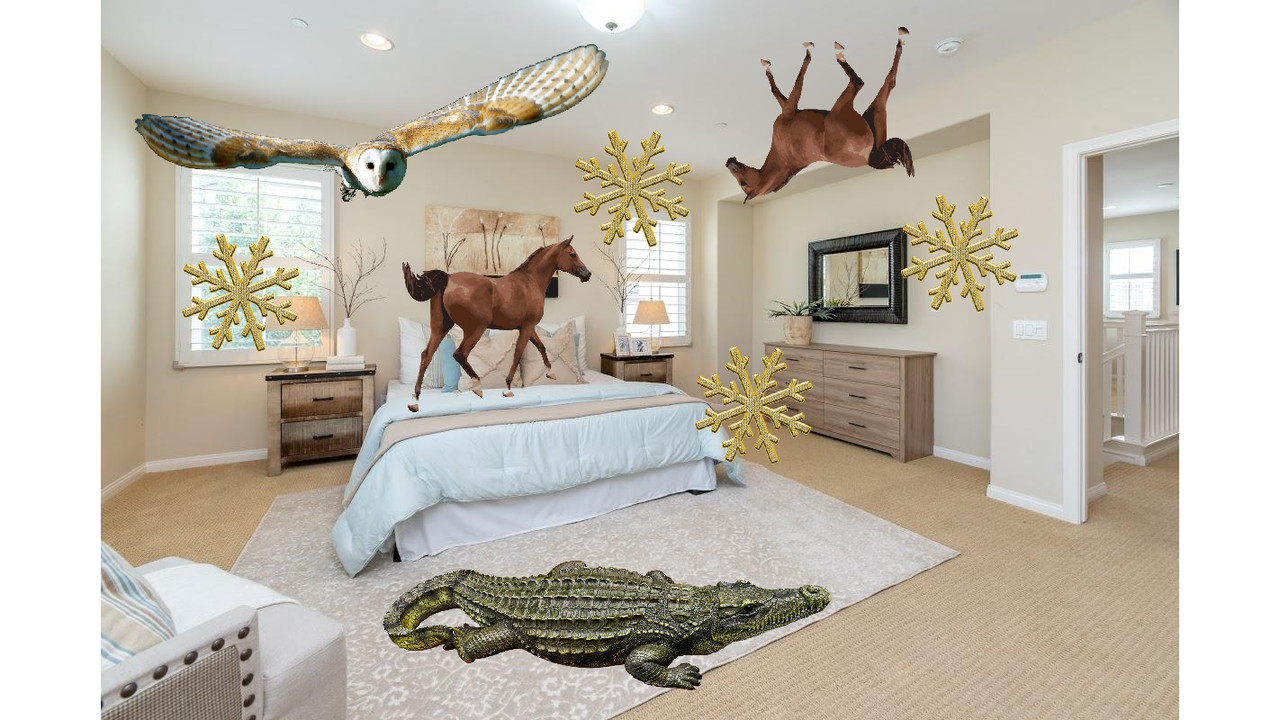 Collage of a bedroom with horses