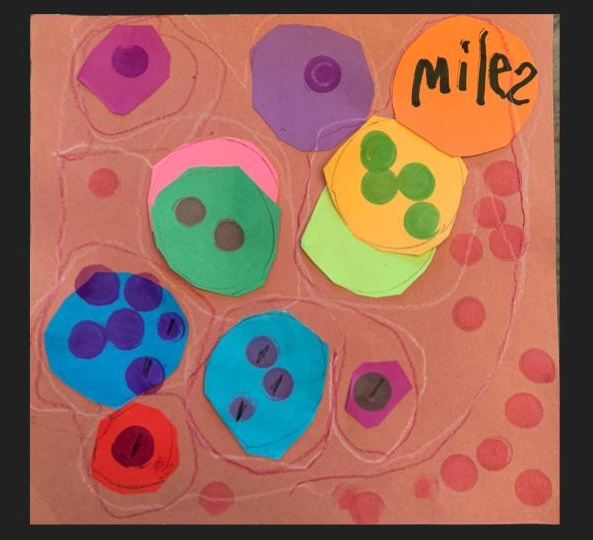colorful dot collage, miles in the top right corner