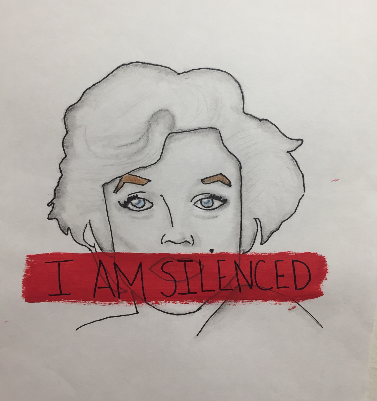 Drawing of a woman with "I am silenced" written across her face