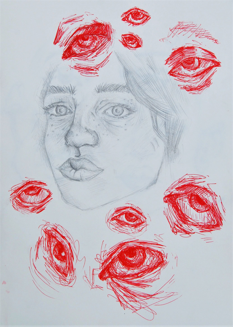 Drawing of a girl with red eyes all around