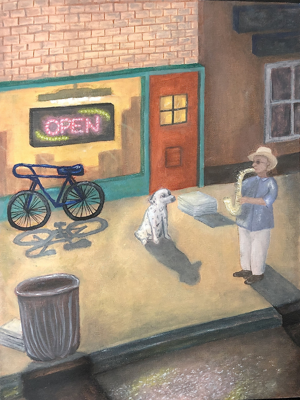 Pastel drawing of a person playing a saxophone on an empty street with a dog and a bike