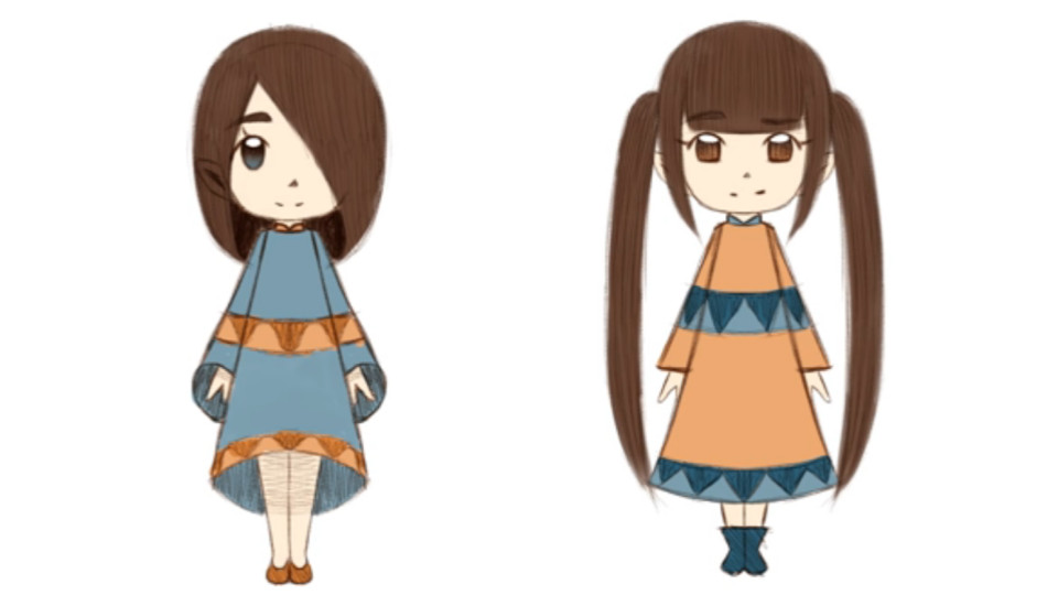 Two illustrations of girls in dresses