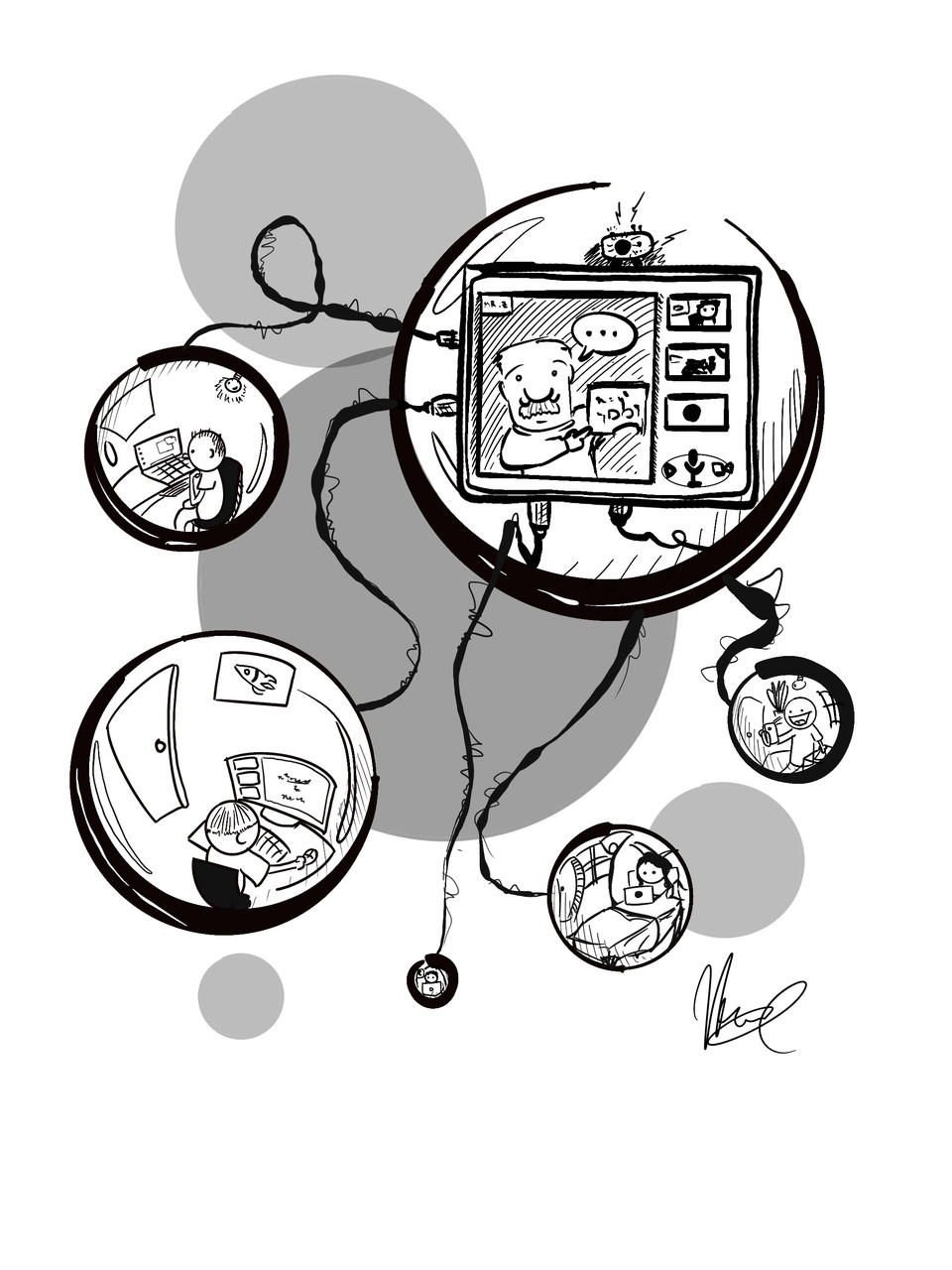 A digital artwork of bubbles with different scenes going on in the bubbles