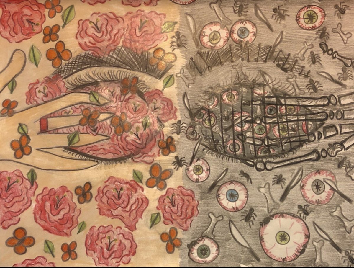 Abstract drawing of two eyes made of flowers and other things
