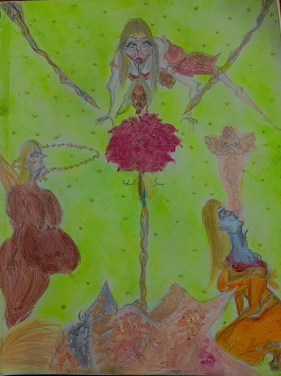 Three figures on a green background