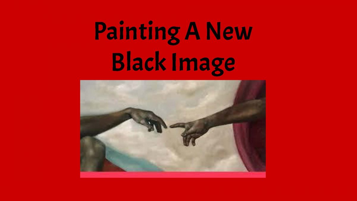 Red page with image of two hands touching each other and "painting a new black image" in black letters.