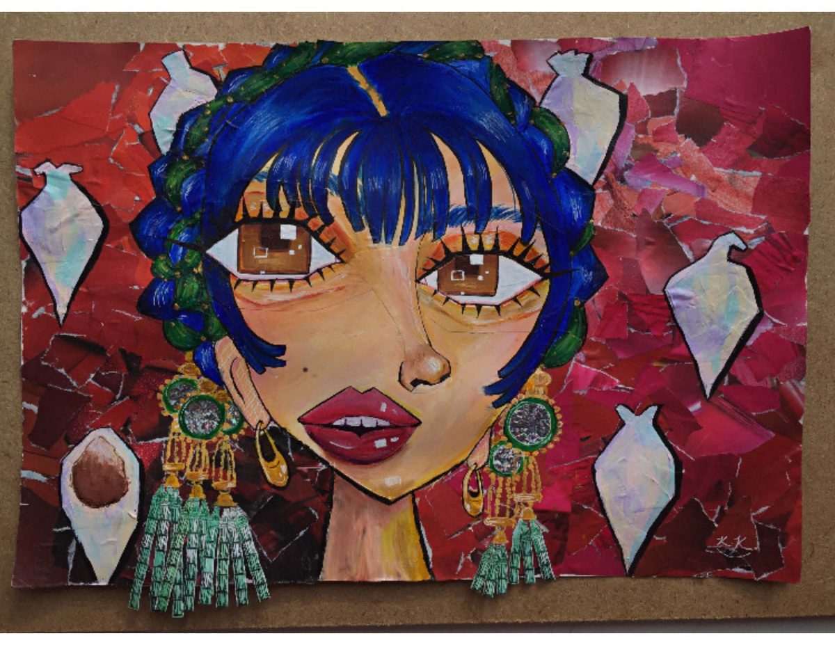 A collage of a womans face with big earrings and blue hair