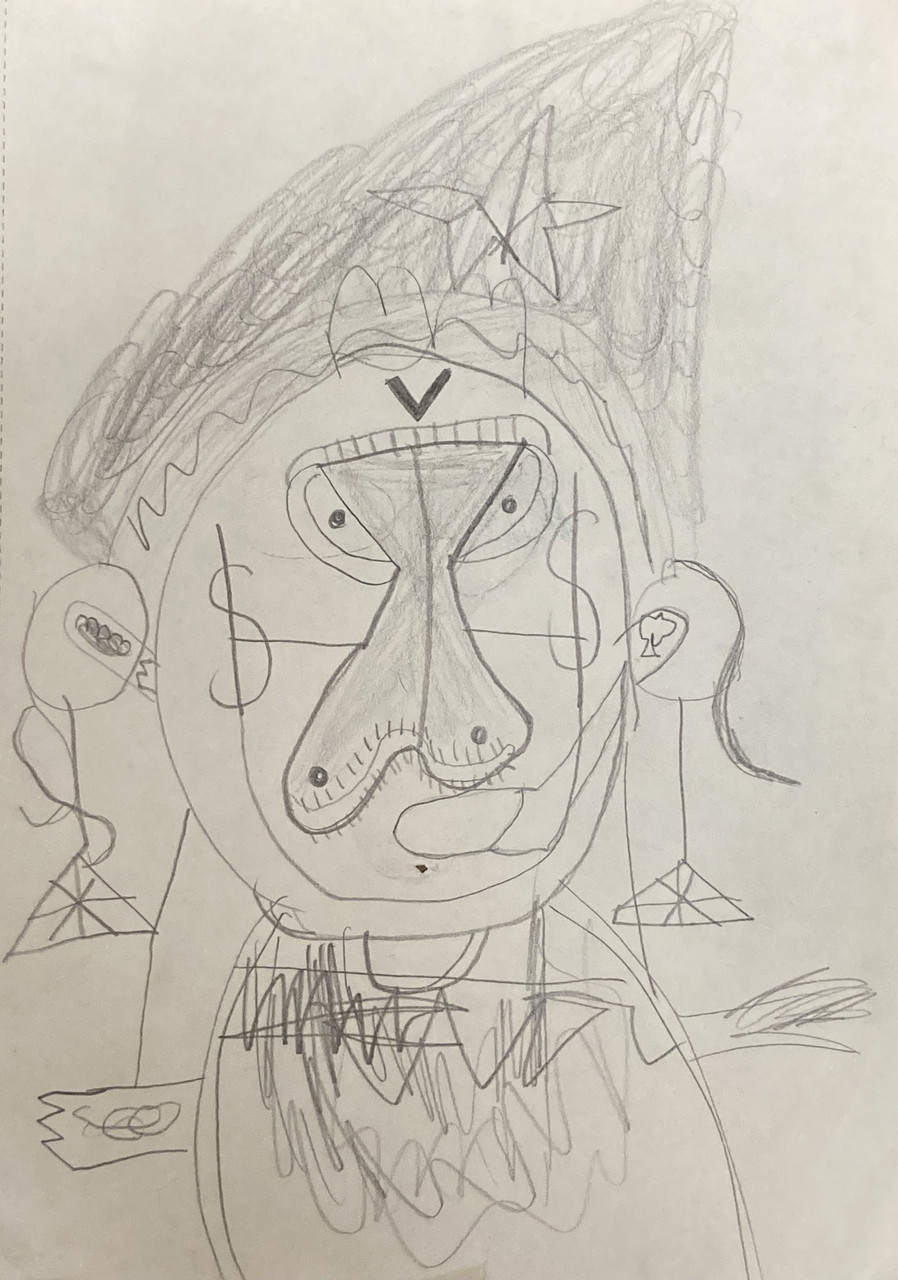 A pencil drawing of a face with designs