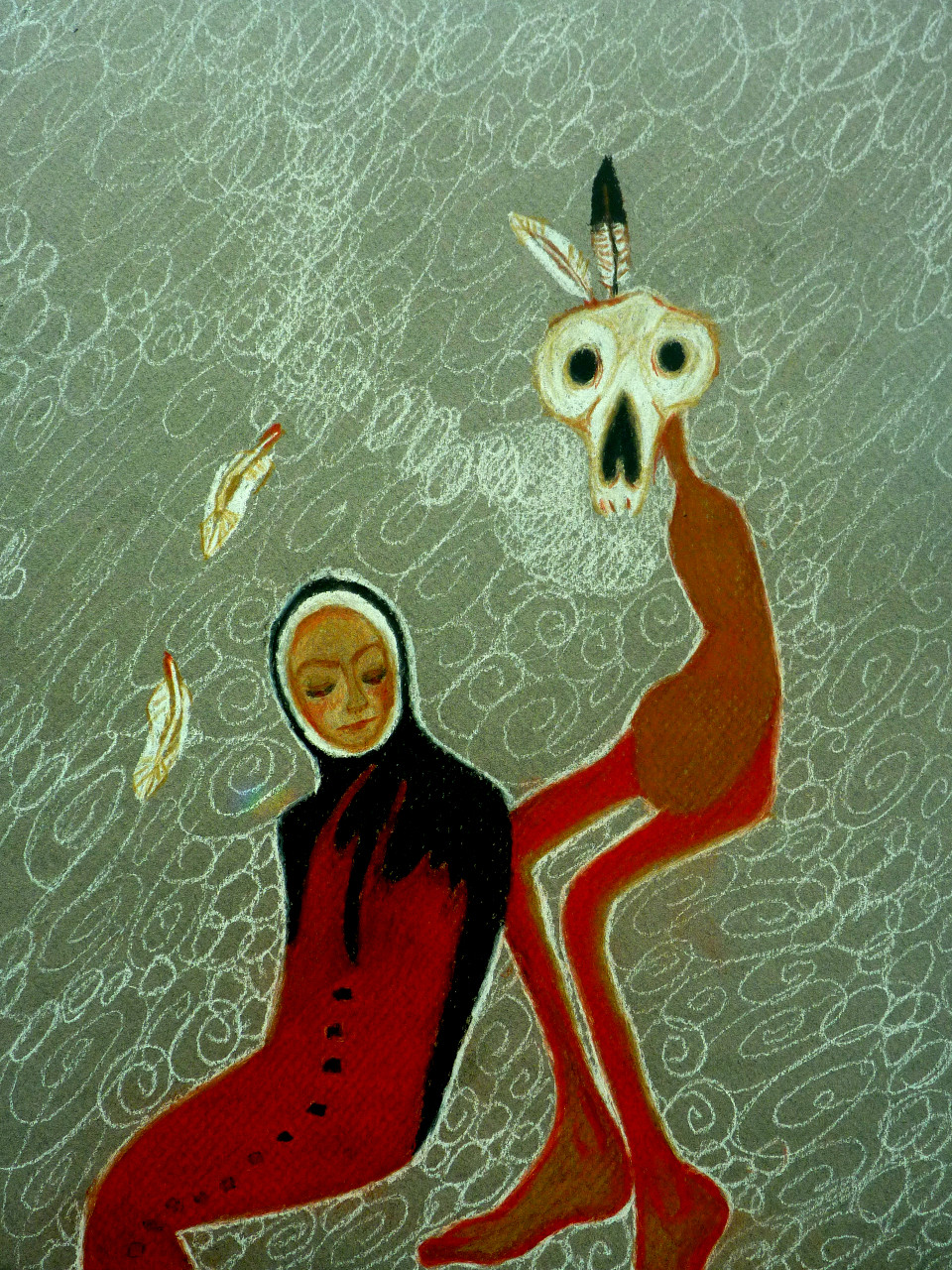 Drawing of two figures sitting with two feathers floating