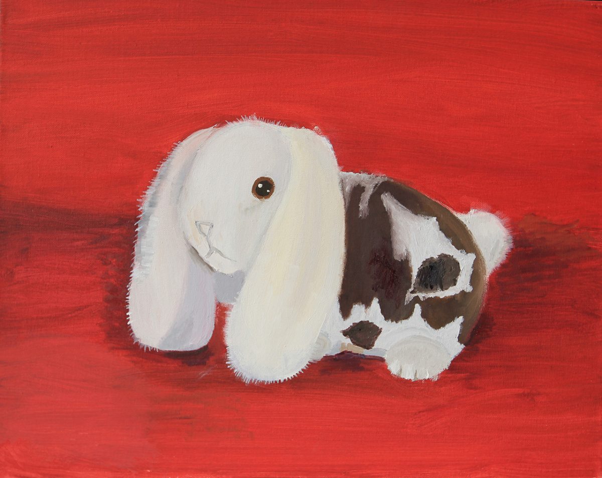 Painting of a rabbit with a red background