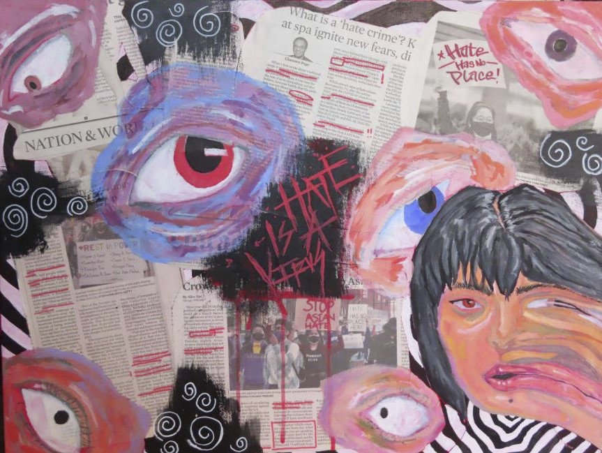Collage of newspaper articles with eyes painted on top