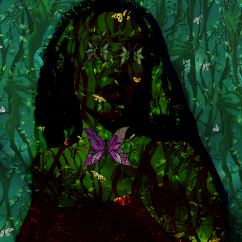 A green collage with a girls face and plants and butterflies