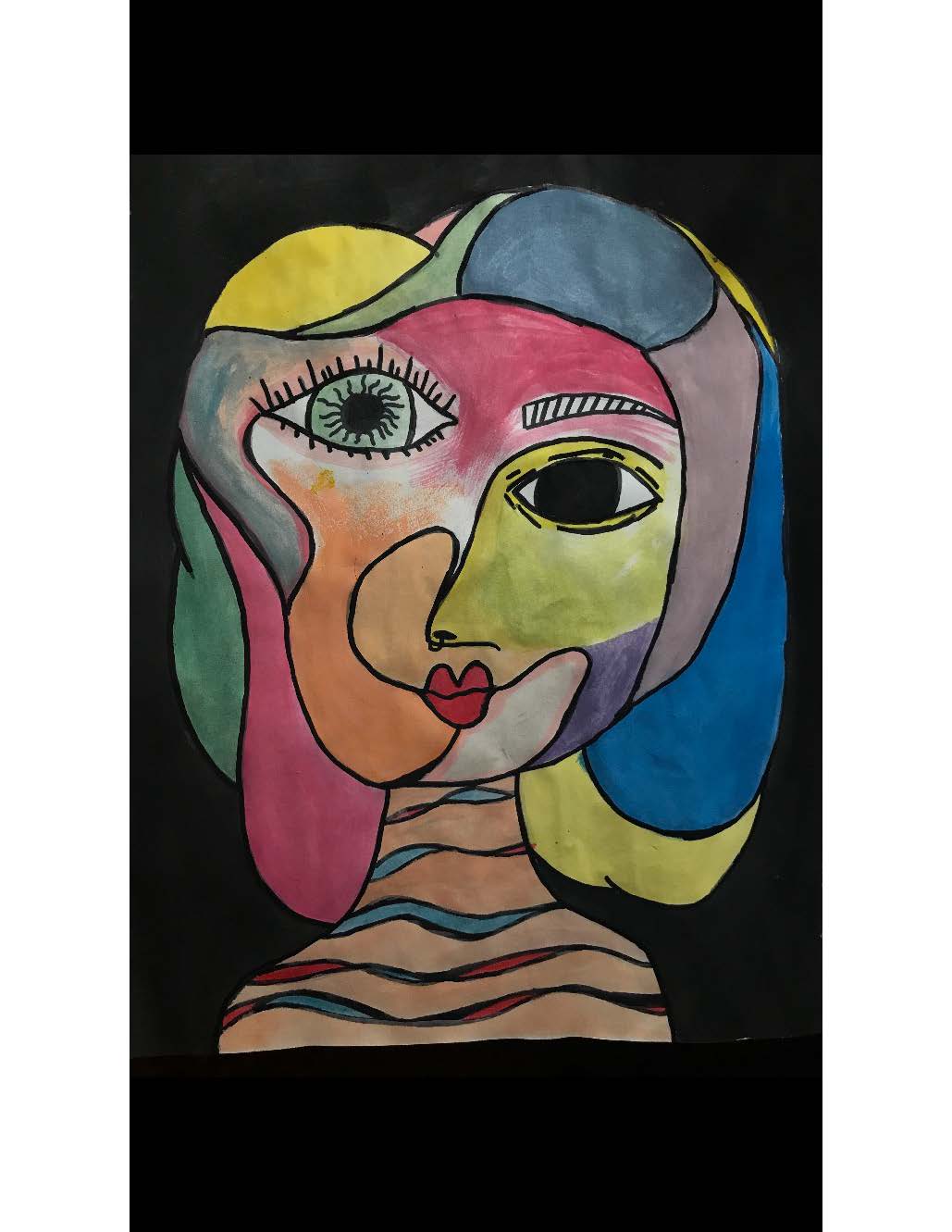 A cubist portrait of a womans very colorful face.