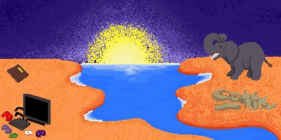 sunset over a river with an elephant