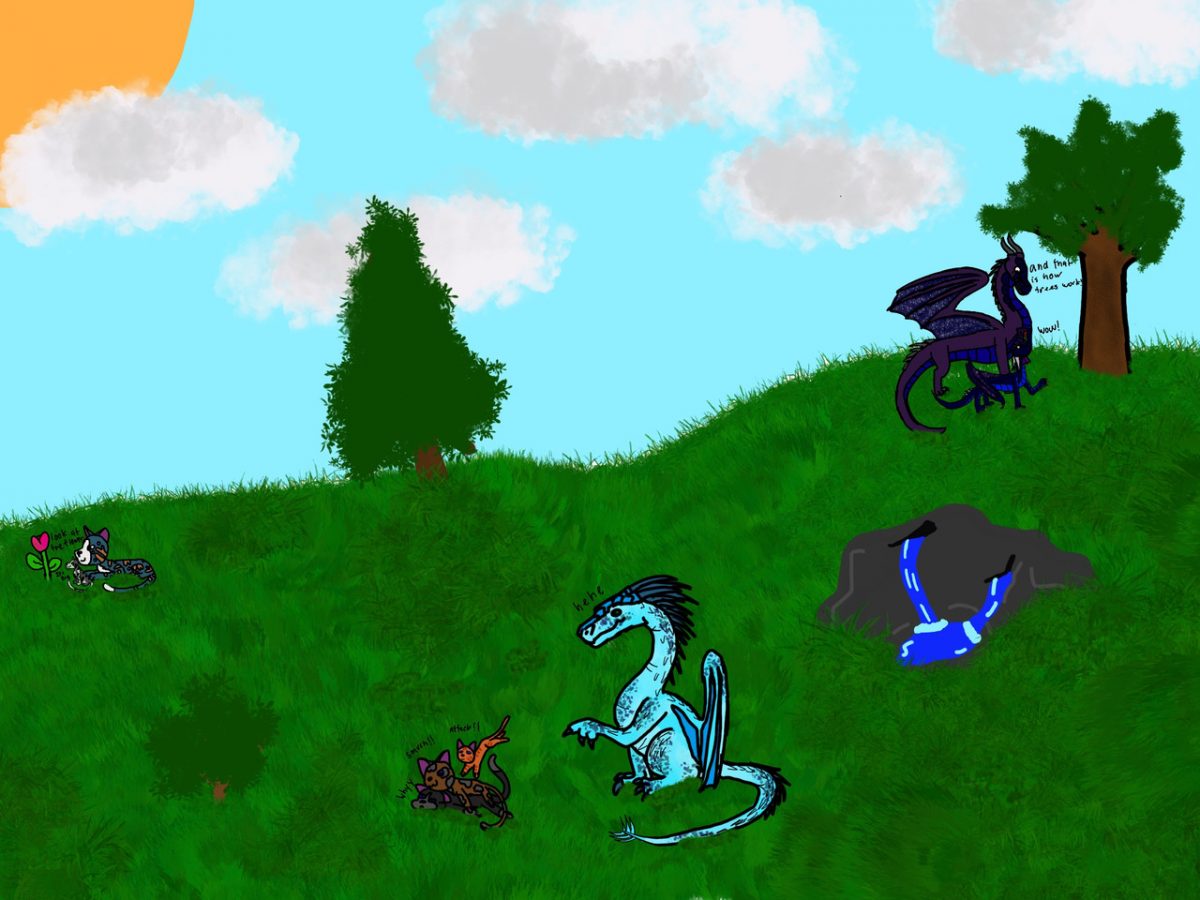 Drawing of dragons in a field