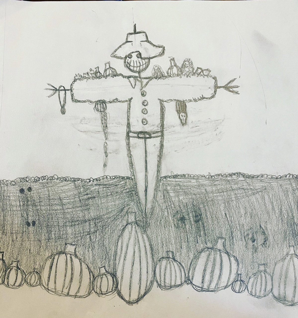 A pencil drawing of a scarecrow surrounded by pumpkins