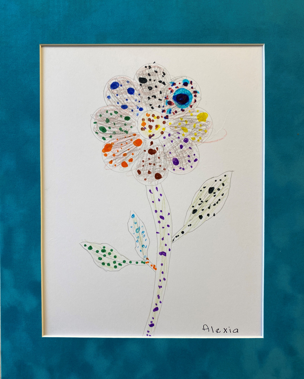 Drawing of a flower with paint drops on it