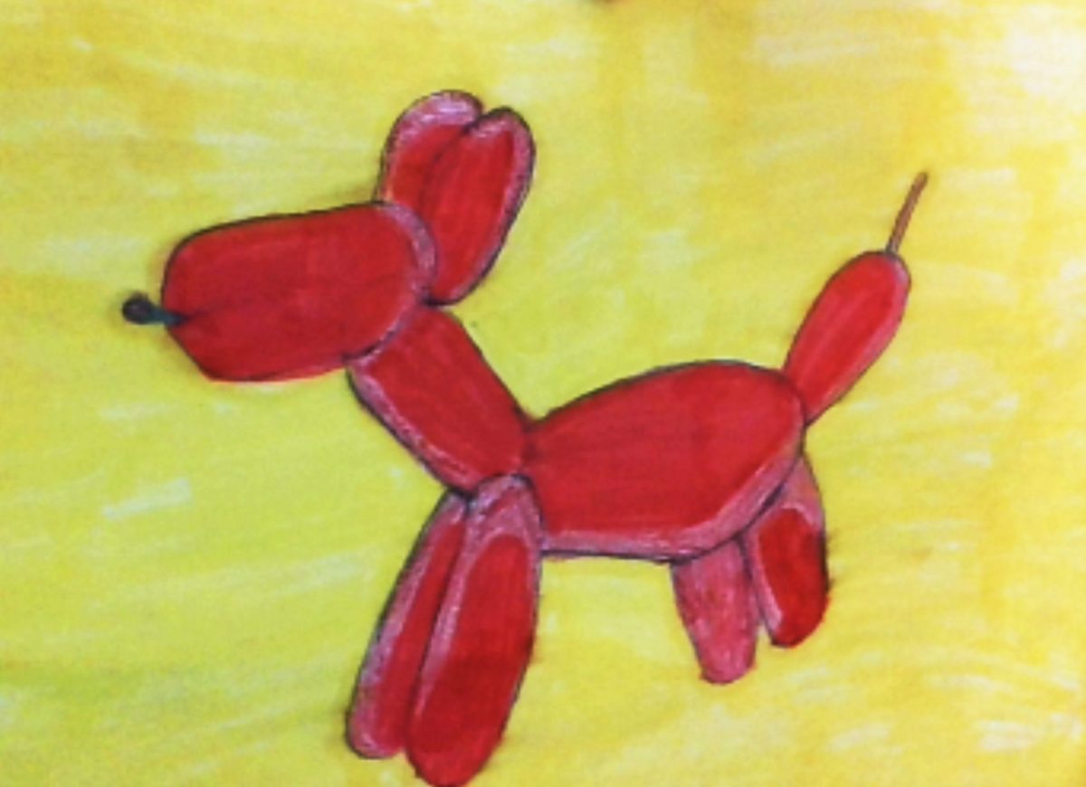 A red ballon dog with a yellow background