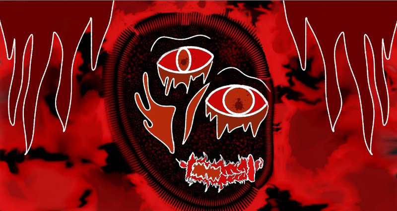 Red digital drawing of a face with two eyes
