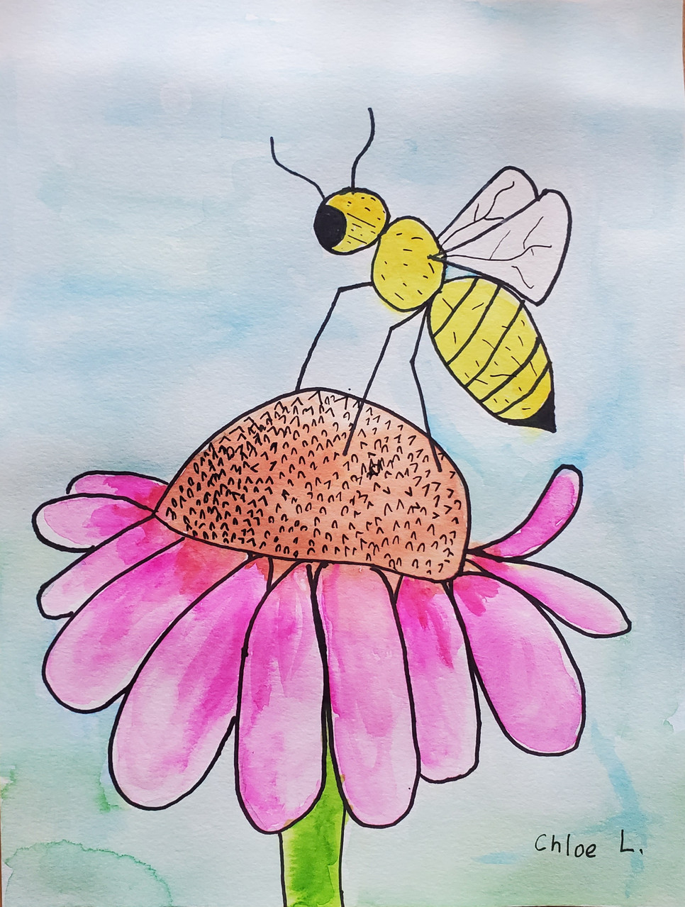 Drawing of a yellow bee on a pink flower