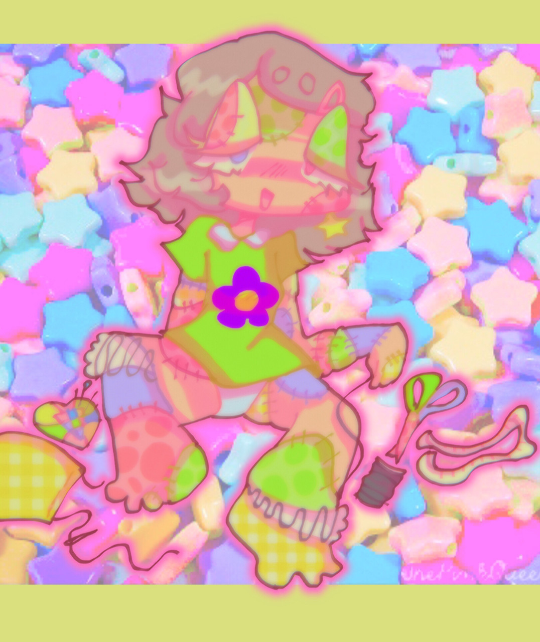 A digital drawing of a girl with a very colorful patterned background