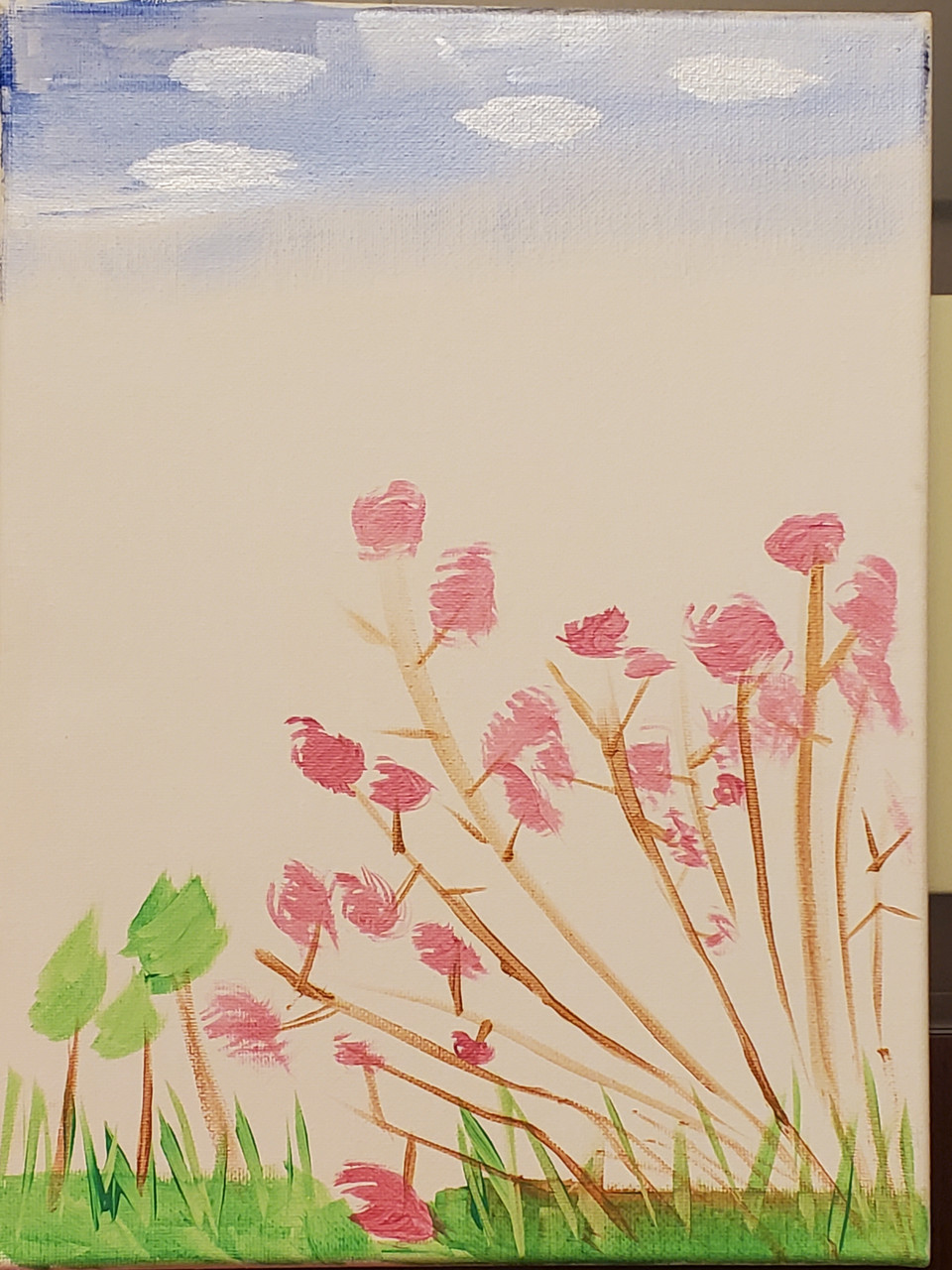 Drawing of pink flowers and green trees in colored pencil.