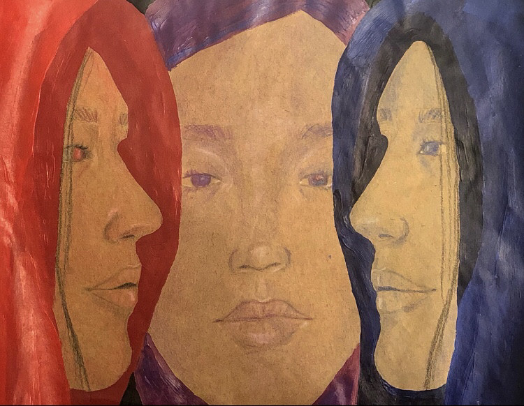 Drawing of three girls with hoodies on facing inward