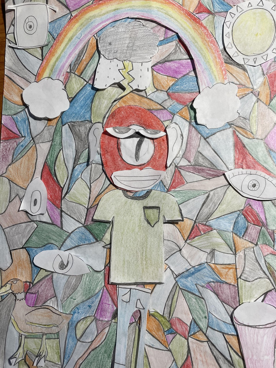 Collage of a person with one big eye and multiple eye cutouts pasted behind colorful background