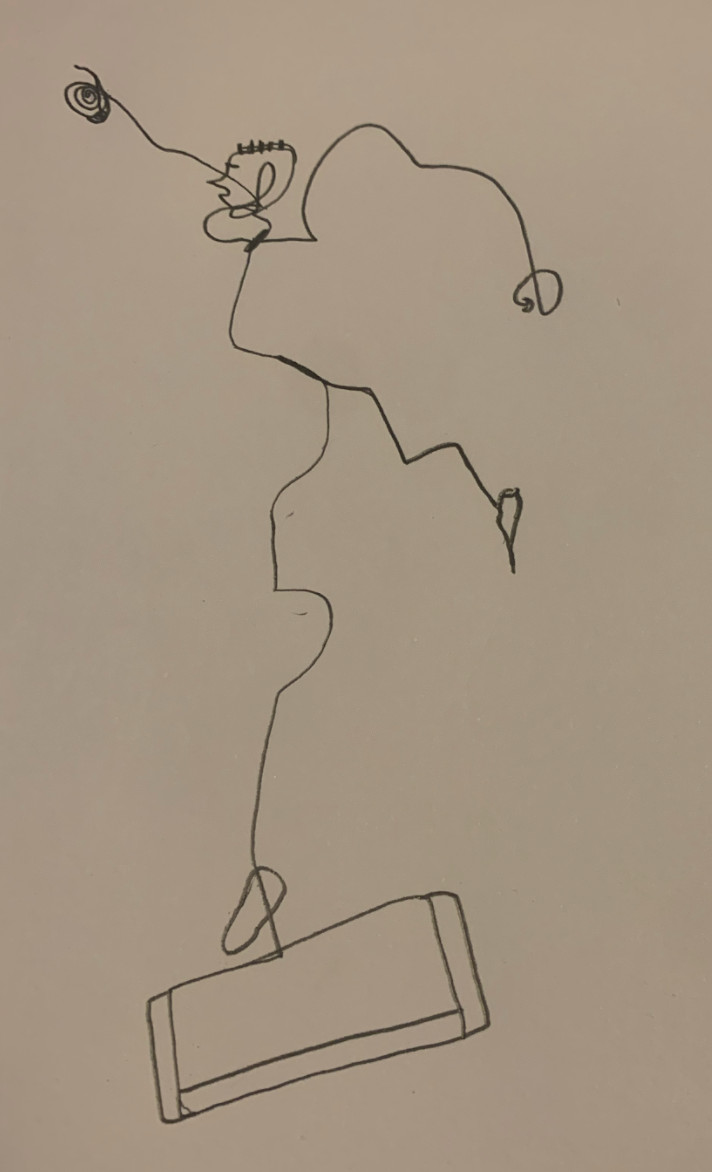 graphite line drawing of one of Calder's wire gestural sculptures