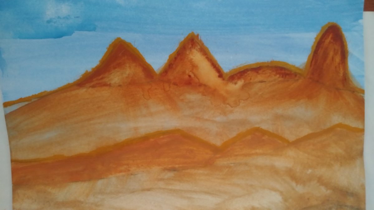 A painting of orange and yellow mountains under a blue sky