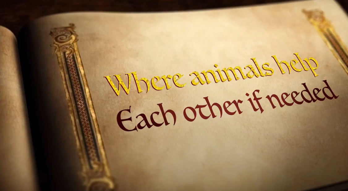 Book page that says "where animals help each other if needed"