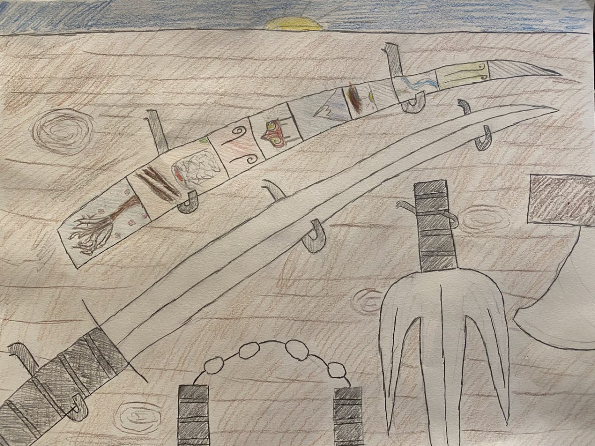 Pencil drawing of a variety of weapons, including swords and nunchucks