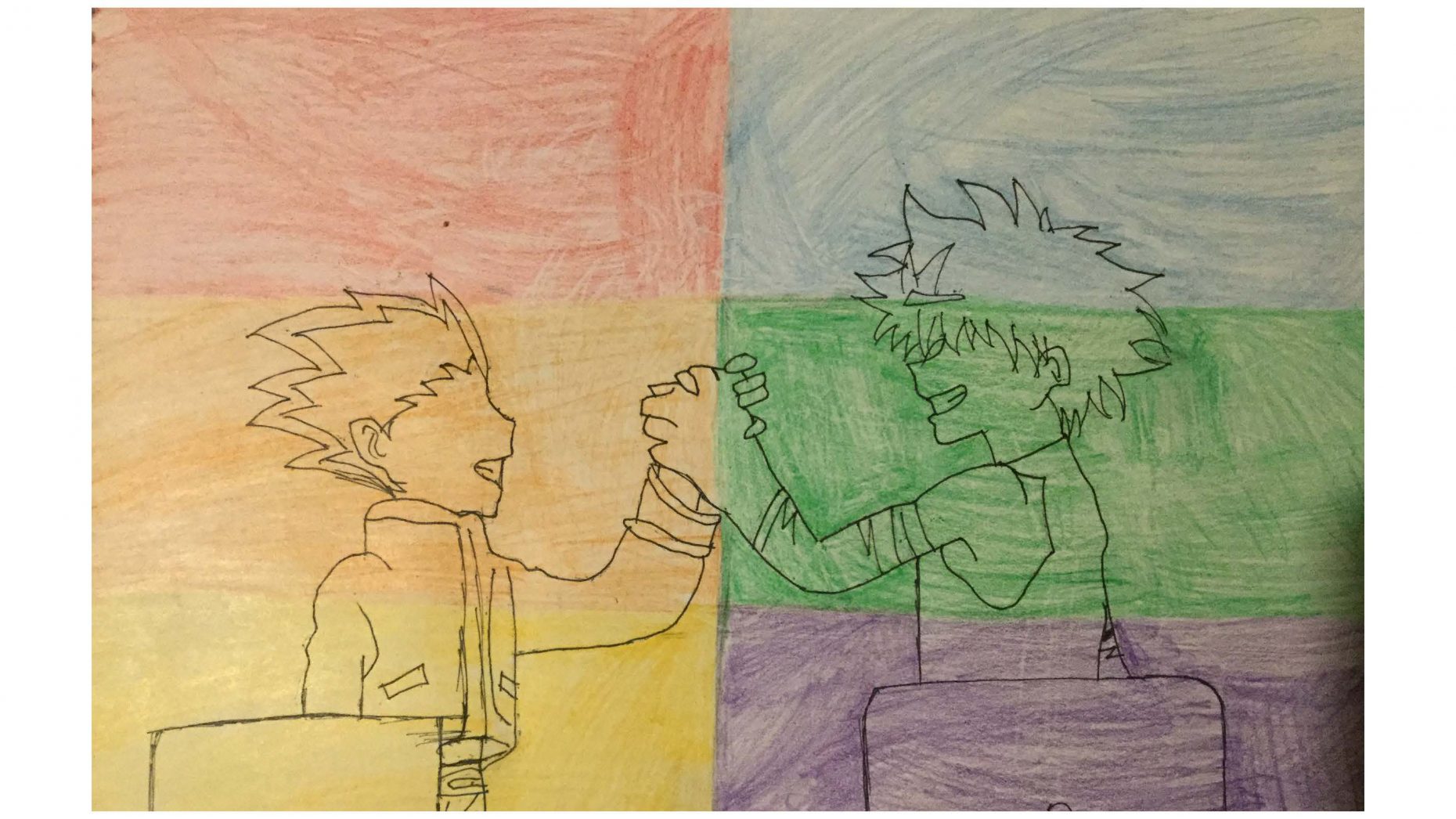 Drawing of two people shaking hands in front of a rainbow of colors