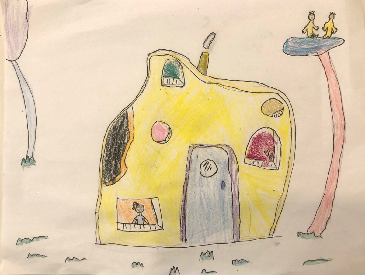 Drawing of a yellow, abstractly shaped house with a blue door.