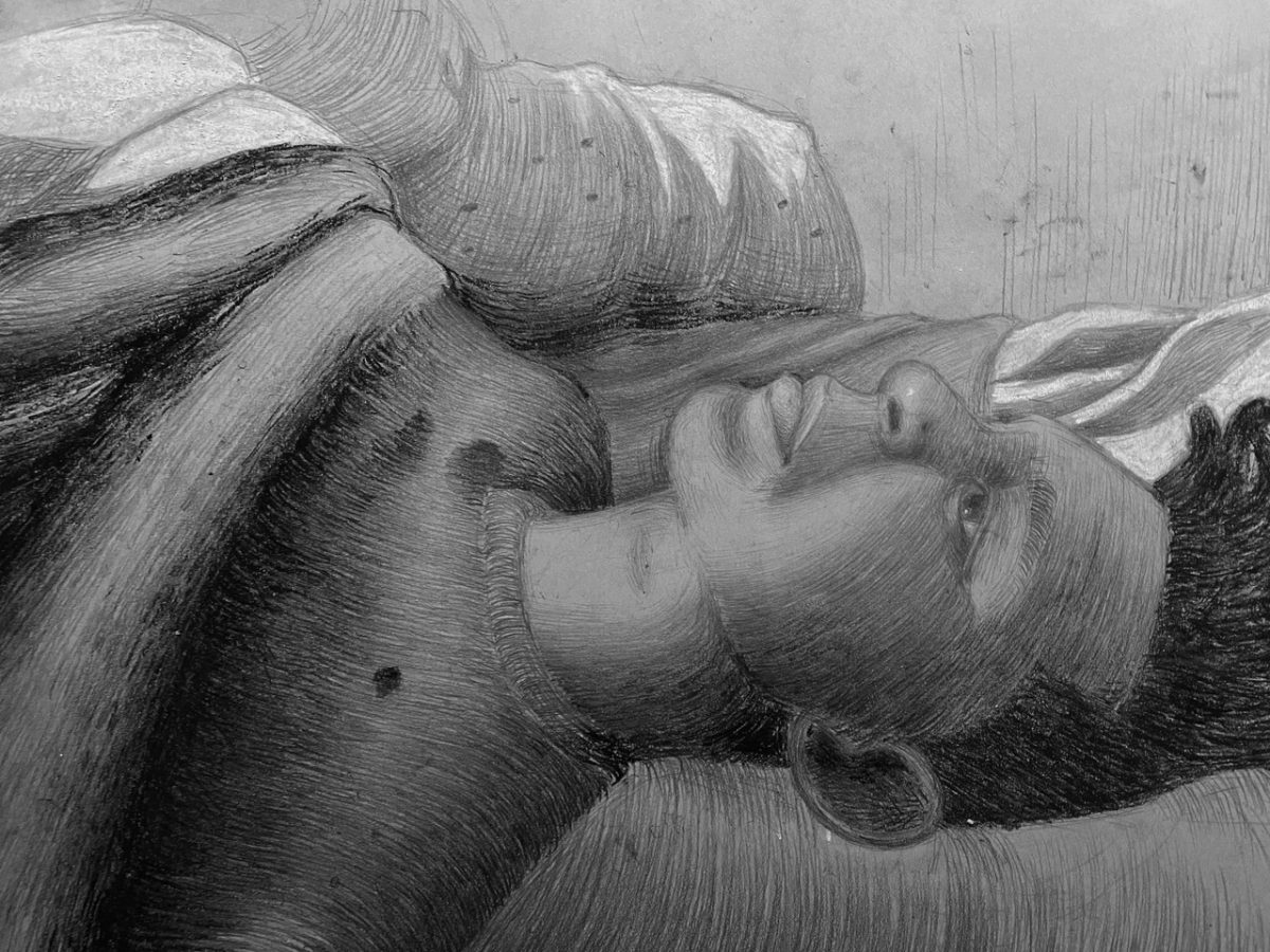 Pencil drawing of person lying in bed.