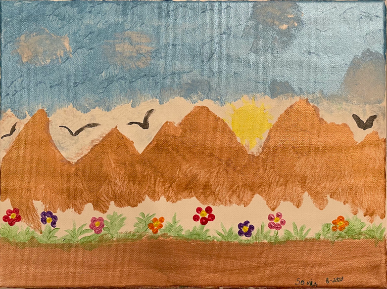 Painting of mountains with birds and flowers