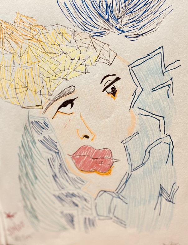 An abstracted drawing of a face with blue cracks coming from it