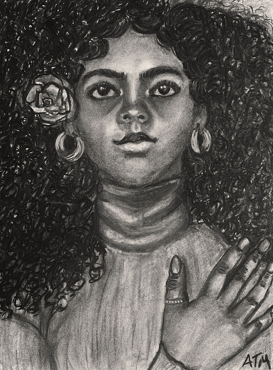 Graphite self-portrait with curly hair