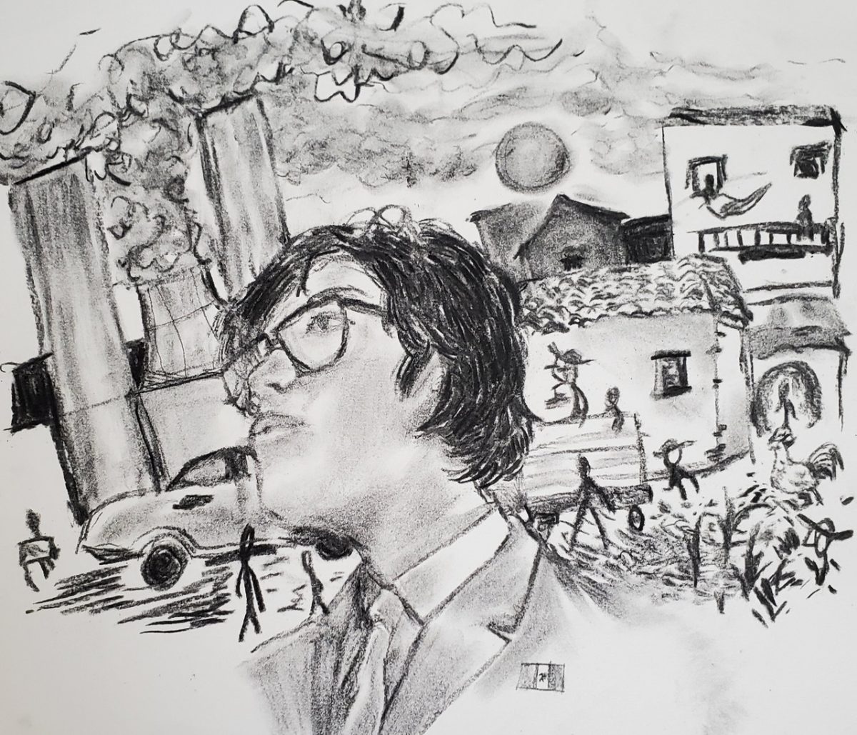 Black and white drawing of a boy in front of a house