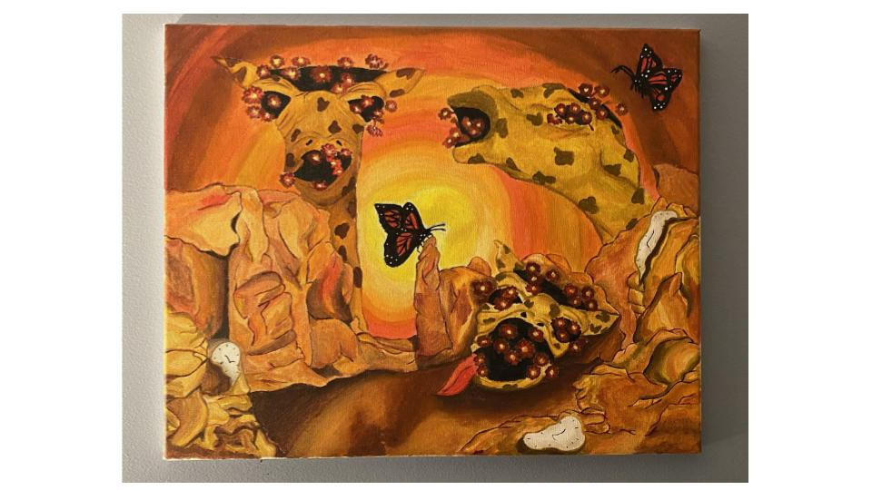 Drawing with red and yellow tones and a butterfly