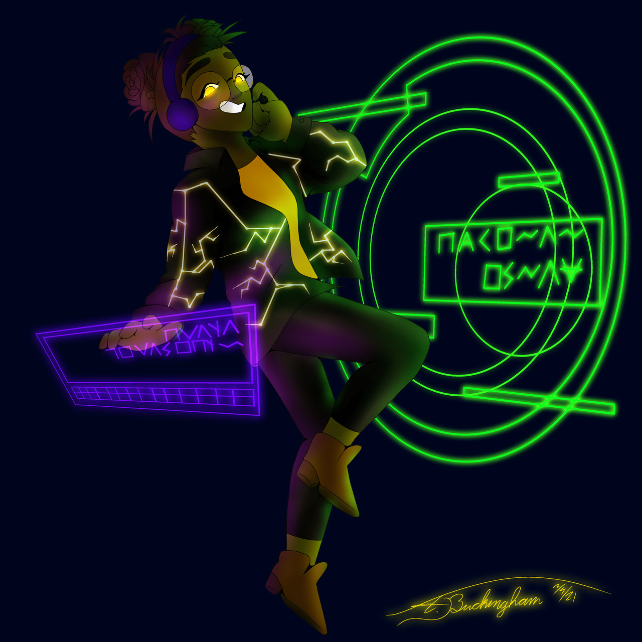 Character in the dark surrounded by neon shapes