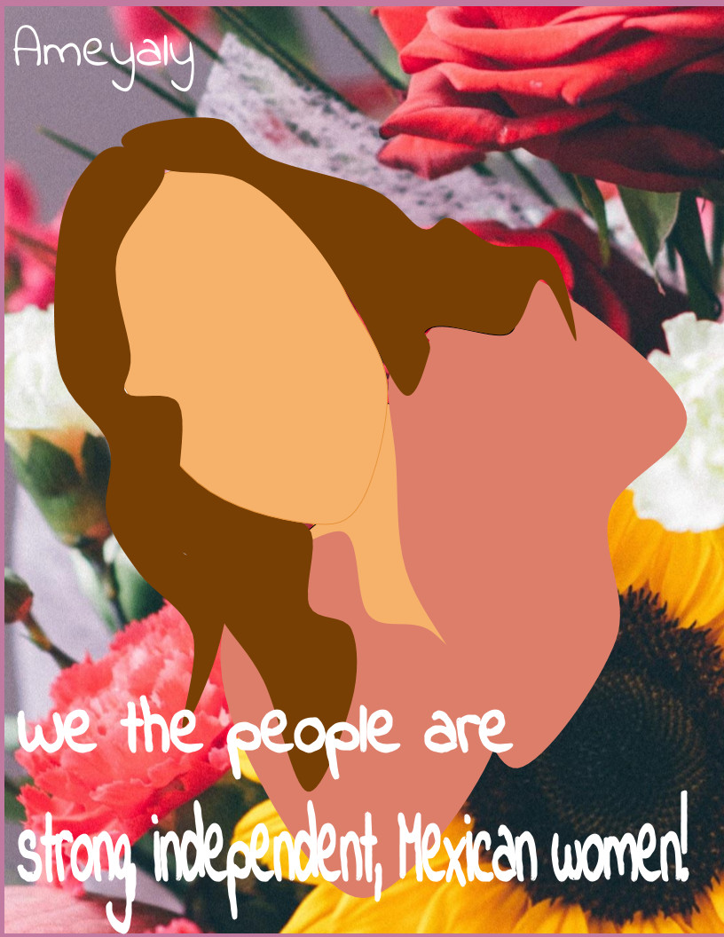 An illustration of a faceless woman in front of a colorful background