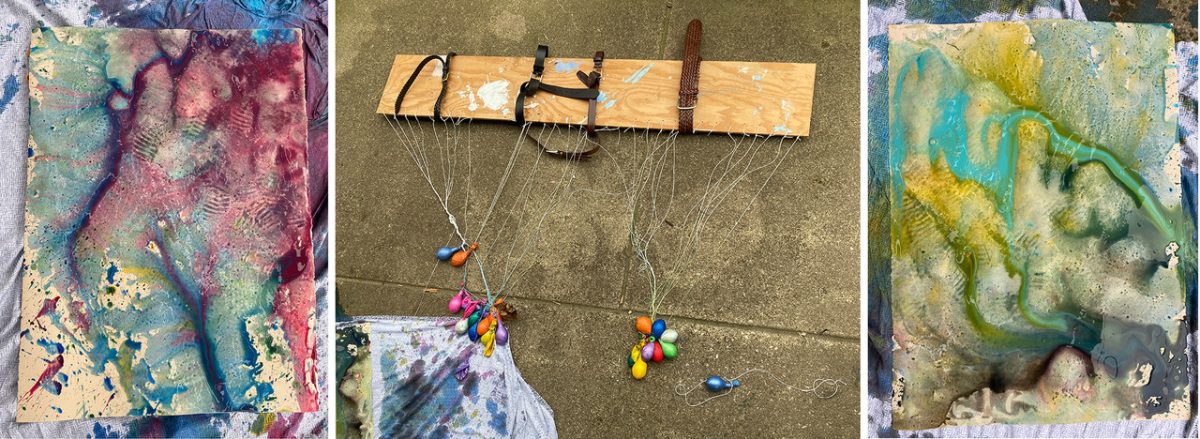 Three photographs displaying how a wearable painting works