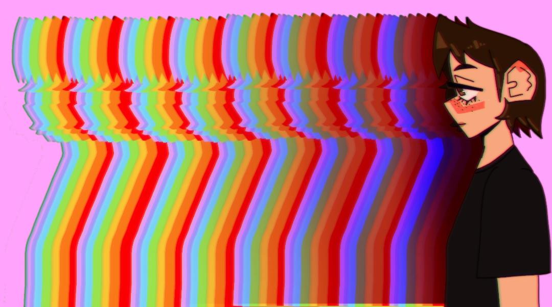 A picture of a person with rainbow colored silhouettes stretching out from the figure