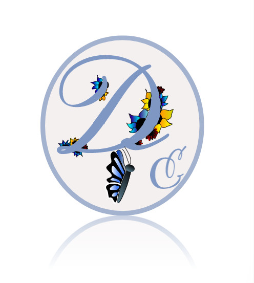A graphic logo with a D and butterflies in the center of a circle