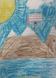 Crayon drawing of a mountain with a US flag on top